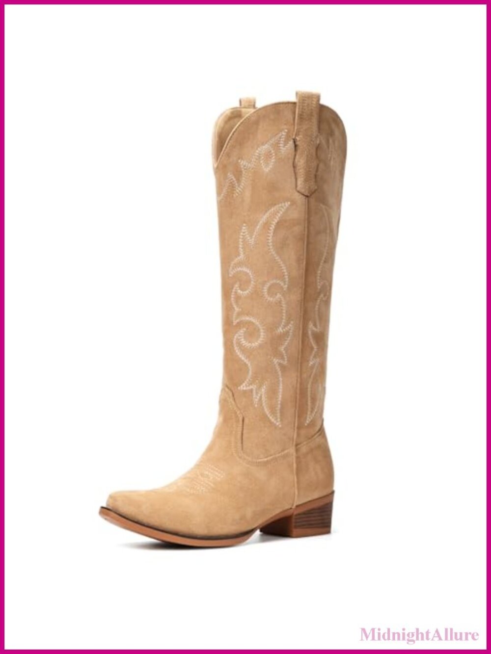 Suede Cowboy Boots Knee High Western Floral Embroidered Pointed Toe